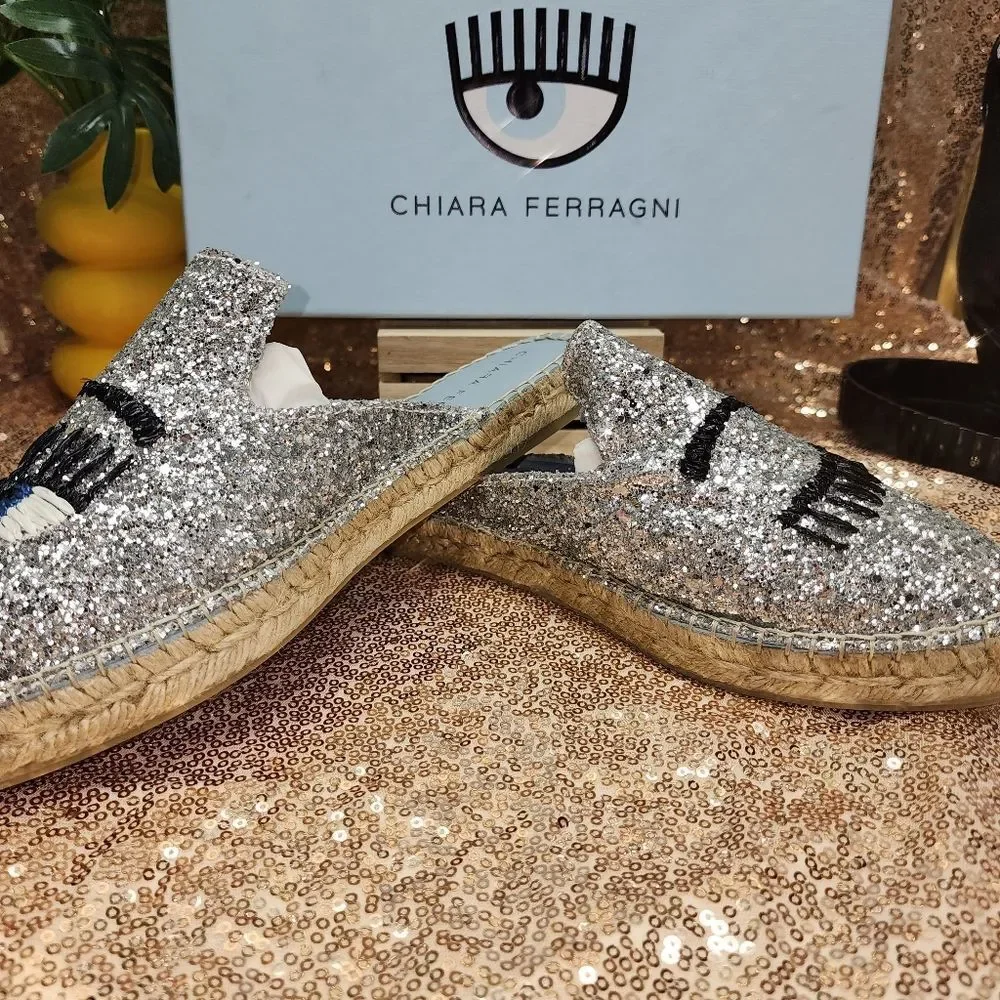 CHIARA FERRAGNI Glitter Espadrille Mules In Silver
